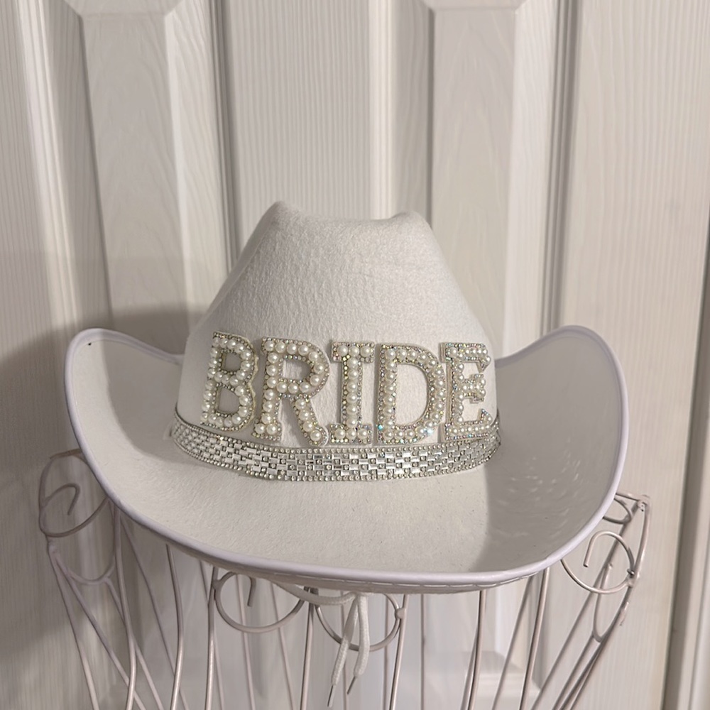 Bride Cowboy Hat with Bow, Beading, and Veil